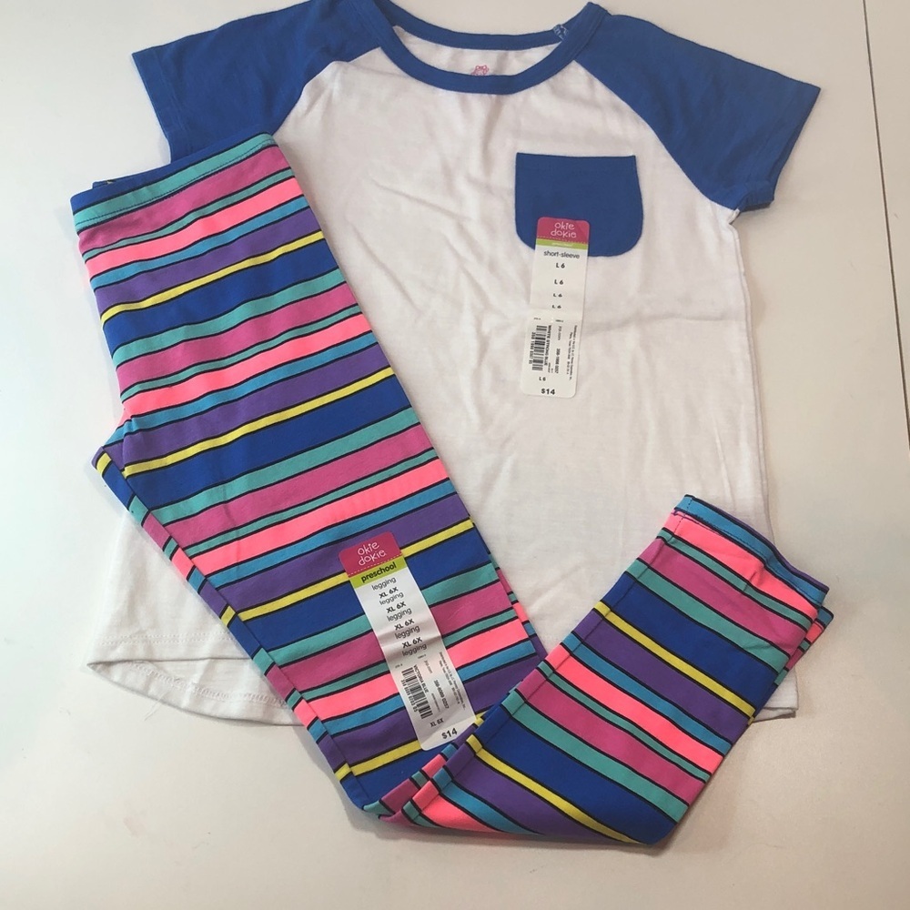 NEW Okie Dokie White Blue Tee shirt Multi Color Striped Leggings Top 6 pant 6X